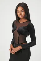 Women's Velvet Long-Sleeve Crop Top in Black Medium