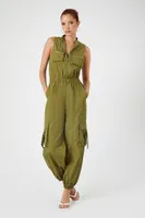 Women's Sleeveless Cargo Jumpsuit in Olivine , XS