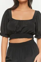 Women's Puff-Sleeve Crop Top & Wide-Leg Pants Set in Black Small