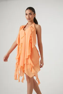 Women's Rosette Ruffle Halter Mini Dress in Cantaloupe Small