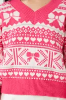 Women's Fair Isle V-Neck Sweater in Pink Large