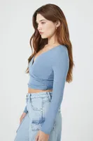 Women's Tie-Back Wrap Crop Top in Blue Large