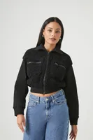 Women's Faux Shearling Cropped Bomber Jacket in Black Small