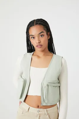 Women's Cropped Cargo Vest in Sage, XS