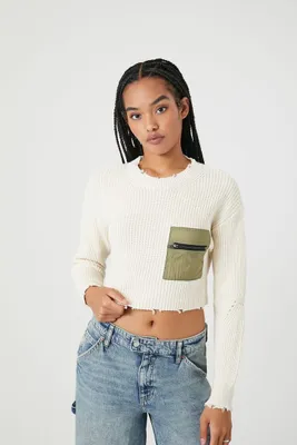 Women's Distressed Cropped Sweater in Cream, XS