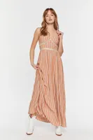 Women's Striped Cutout Maxi Dress in Rust Large