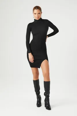 Women's Studded Mock Neck Sweater Dress in Black, XL
