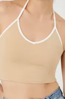 Women's Cropped Ringer Halter Top in Khaki/White, XL