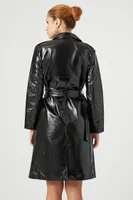 Women's Faux Patent Leather Trench Coat in Black Medium