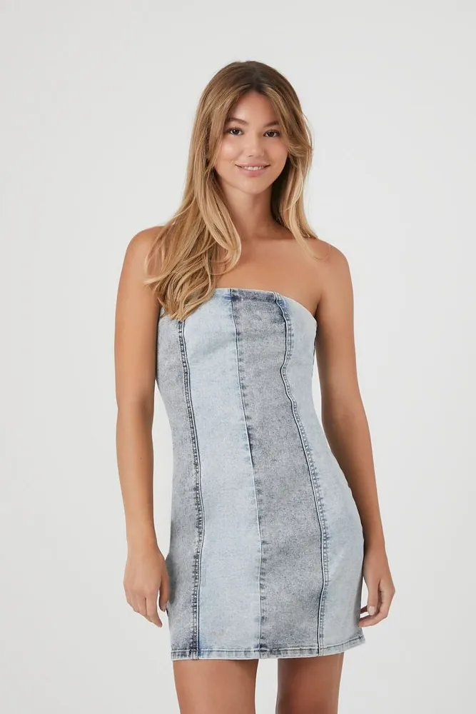 SHEIN Essnce Top-stitching Raw Hem Tube Denim Dress | SHEIN USA