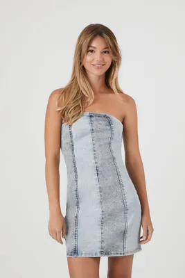 Women's Reworked Denim Tube Mini Dress in Light Denim Large