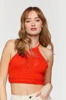 Women's Crochet Crisscross Halter Crop Top in Fiery Red, XL