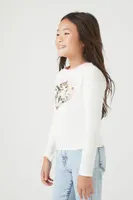 Girls Long-Sleeve Cat Graphic Top (Kids) in White, 9/10