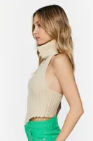 Women's Ribbed Turtleneck Halter V-Hem Top in Cream Large