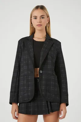 Women's Notched Plaid Blazer in Black Medium