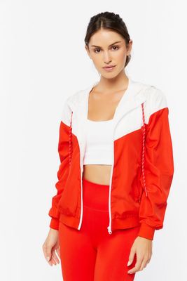 Women's Active Hooded Zip-Up Windbreaker Jacket in Fiery Red/White, XS