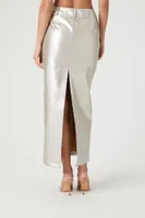 Women's Metallic Faux Leather Maxi Skirt in Silver Medium