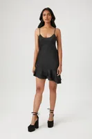 Women's Satin Ruffle-Hem Mini Dress in Black, XS