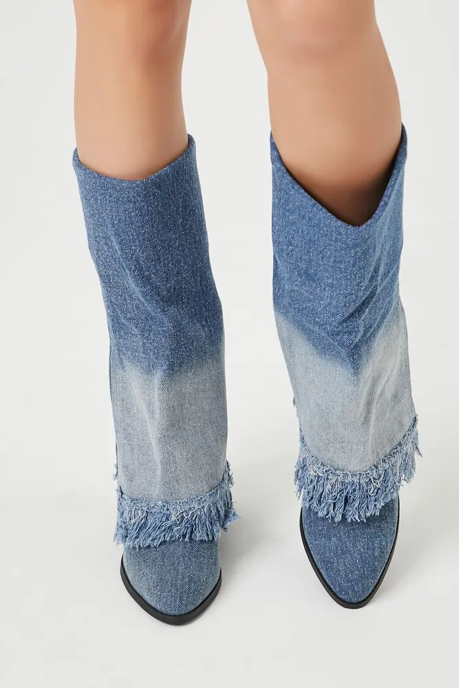 Women's Frayed Denim Overlay Boots , 6