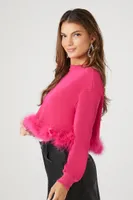 Women's Feather-Trim Pullover in Hot Pink Large