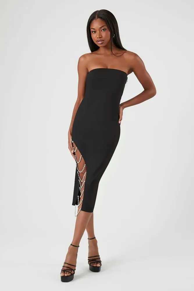 Women's Faux Gem Tube Midi Dress in Black Large