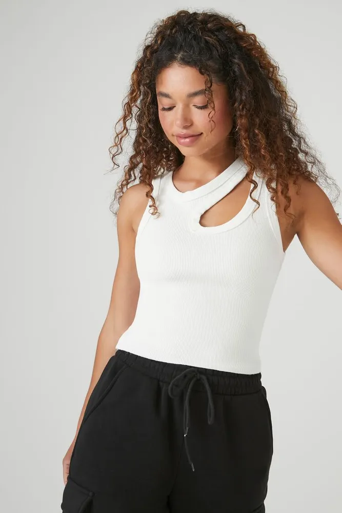 Women's Ribbed Knit Cutout Tank Top in White Small