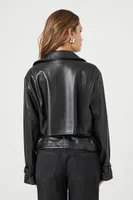 Women's Faux Leather Belted Moto Jacket in Black, XS