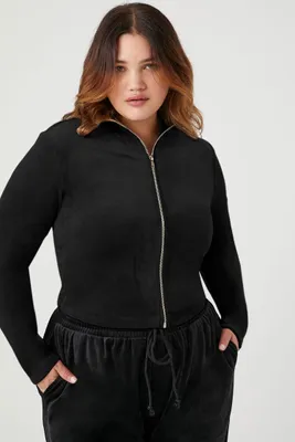 Women's Velour Zip-Up Jacket in Black, 1X