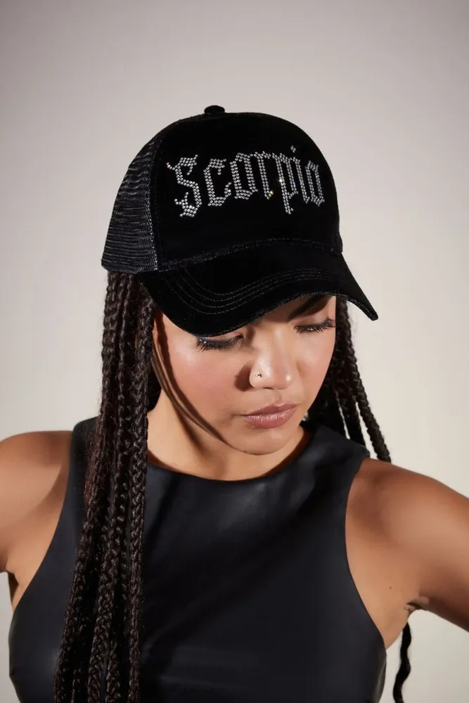 Rhinestone Scorpio Trucker Cap in Black/Black