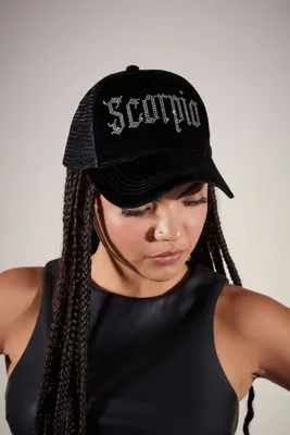 Rhinestone Scorpio Trucker Cap in Black/Black