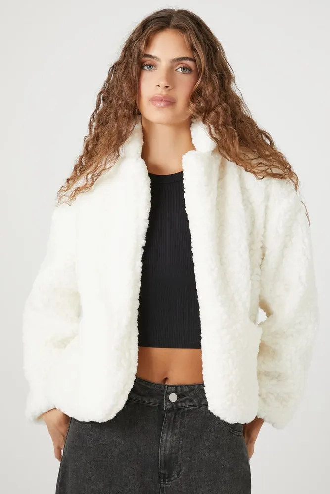 Women's Faux Shearling Open-Front Jacket in Vanilla Small