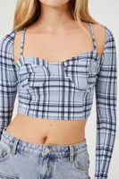 Women's Plaid Cropped Cami & Shrug Set in Blue Large