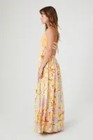 Women's Crepe Floral Print Maxi Dress in Orange Medium