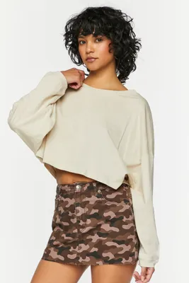 Women's Boxy Long-Sleeve Cropped T-Shirt in Khaki Medium