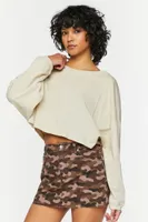 Women's Boxy Long-Sleeve Cropped T-Shirt in Khaki Large