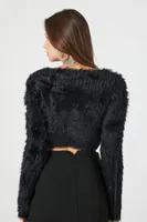 Women's Fuzzy Knit Cropped Sweater in Black Large