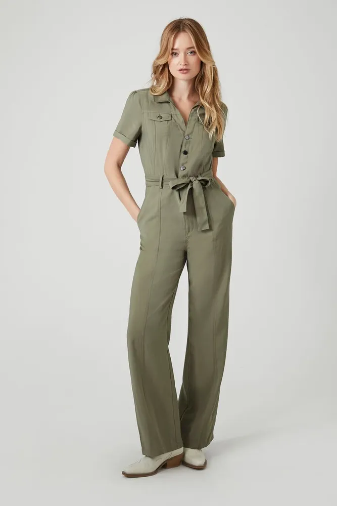 Women's Tie-Waist Wide-Leg Jumpsuit in Olive Medium