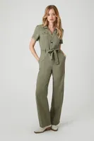 Women's Tie-Waist Wide-Leg Jumpsuit in Olive Medium