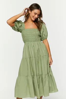 Women's Smocked Puff-Sleeve Dress in Olive Large