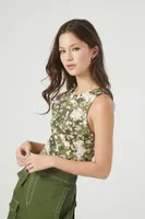 Women's Rib-Knit Cropped NY Camo Tank Top in Khaki, XS