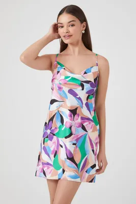 Women's Satin Abstract Print Mini Dress in Purple Small