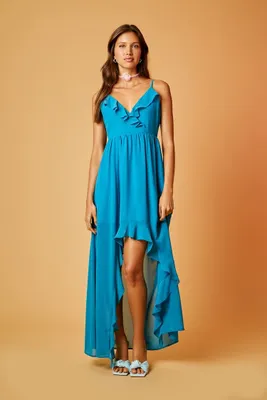 Women's Chiffon Ruffle High-Low Dress in Teal Small