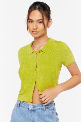 Women's Cropped Sweater-Knit Shirt Olive