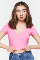 Women's Ribbed V-Neck Crop Top in Pink Large