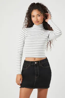 Women's Striped Turtleneck Sweater in Heather Grey/White, XL