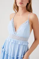 Women's Plunging Lace-Back Ruffled Dress in Light Blue Medium