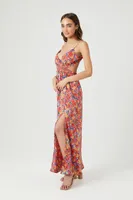 Women's Floral Print Cutout Midi Dress in Green/Red Small