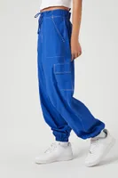 Women's Drawstring Poplin Cargo Joggers in Blue Large