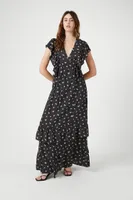 Women's Floral Butterfly-Sleeve Maxi Dress in Black/Pink Small