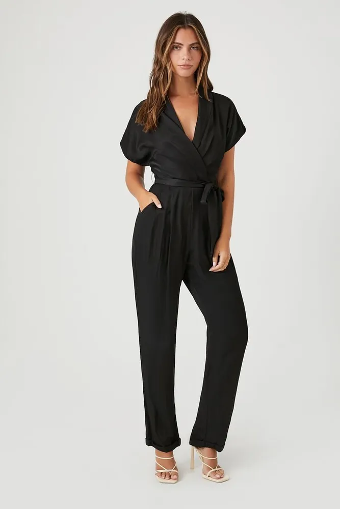 Women's Surplice Wrap Jumpsuit in Black, XS